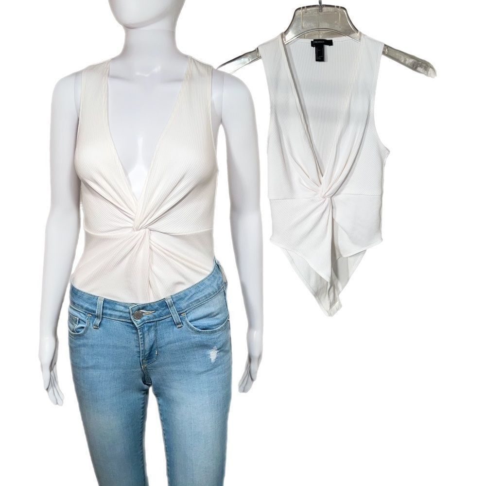 Forever 21 White Twist Front Ribbed Bodysuit